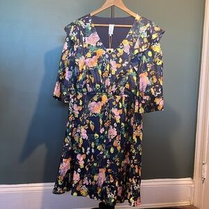 TANYA TAYLOR Audrey Mini A-Line Floral Ruffle Puff Sleeve Dress Multicol…